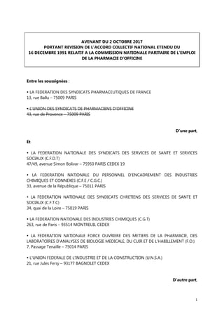 1
AVENANT DU 2 OCTOBRE 2017
PORTANT REVISION DE L’ACCORD COLLECTIF NATIONAL ETENDU DU
16 DECEMBRE 1991 RELATIF A LA COMMIS...