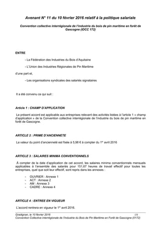 Avenant N° 11 du 10 février 2016 relatif à la politique salariale
Convention collective interrégionale de l’industrie du b...