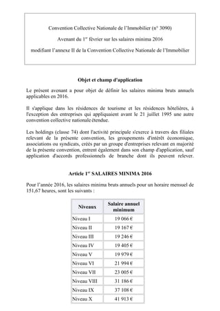 Convention Collective Nationale de l’Immobilier (n° 3090)
Avenant du 1er
février sur les salaires minima 2016
modifiant l’...