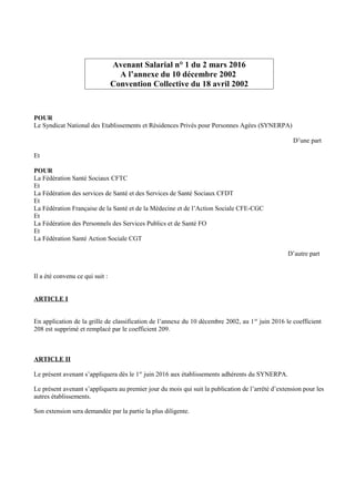 Avenant Salarial n° 1 du 2 mars 2016
A l’annexe du 10 décembre 2002
Convention Collective du 18 avril 2002
POUR
Le Syndica...