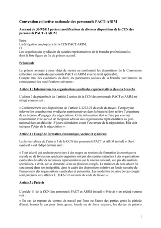 Convention collective nationale des personnels PACT-ARIM
Avenant du 30/9/2015 portant modifications de diverses dispositio...