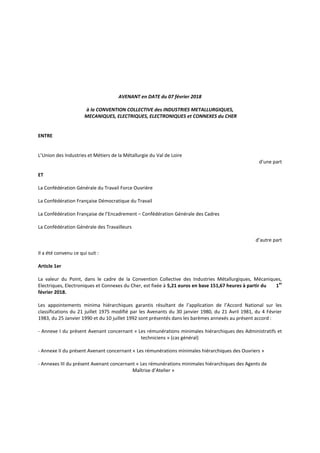 AVENANT en DATE du 07 février 2018
à la CONVENTION COLLECTIVE des INDUSTRIES METALLURGIQUES,
MECANIQUES, ELECTRIQUES, ELEC...