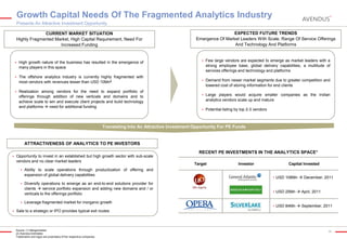 Growth Capital Needs Of The Fragmented Analytics Industry
Presents An Attractive Investment Opportunity
CURRENT MARKET SITUATION
Highly Fragmented Market, High Capital Requirement, Need For
Increased Funding



High growth nature of the business has resulted in the emergence of
many players in this space



The offshore analytics industry is currently highly fragmented with
most vendors with revenues lesser than USD 10Mn2



Realization among vendors for the need to expand portfolio of
offerings through addition of new verticals and domains and to
achieve scale to win and execute client projects and build technology
and platforms  need for additional funding

EXPECTED FUTURE TRENDS
Emergence Of Market Leaders With Scale, Range Of Service Offerings
And Technology And Platforms



Few large vendors are expected to emerge as market leaders with a
strong employee base, global delivery capabilities, a multitude of
services offerings and technology and platforms



Demand from newer market segments due to greater competition and
lowered cost of storing information for end clients



Large players would acquire smaller companies as the Indian
analytics vendors scale up and mature



Potential listing by top 2-3 vendors

Translating Into An Attractive Investment Opportunity For PE Funds

ATTRACTIVENESS OF ANALYTICS TO PE INVESTORS


Opportunity to invest in an established but high growth sector with sub-scale
vendors and no clear market leaders







Ability to scale operations through productization of offering and
expansion of global delivery capabilities
Diversify operations to emerge as an end-to-end solutions provider for
clients  service portfolio expansion and adding new domains and / or
verticals to the offerings portfolio
Leverage fragmented market for inorganic growth

RECENT PE INVESTMENTS IN THE ANALYTICS SPACE1
Target

Investor

Capital Invested
• USD 108Mn  December, 2011
• USD 25Mn  April, 2011
• USD 84Mn  September, 2011

Sale to a strategic or IPO provides typical exit routes

Source: (1) Mergermarket
(2) Avendus Estimates
Trademarks and logos are proprietary of the respective companies

32

 
