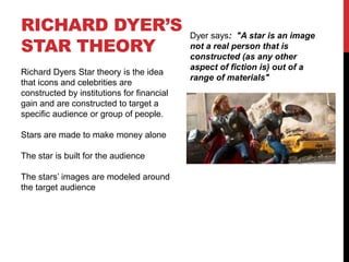RICHARD DYER’S
STAR THEORY
Richard Dyers Star theory is the idea
that icons and celebrities are
constructed by institutions for financial
gain and are constructed to target a
specific audience or group of people.
Stars are made to make money alone
The star is built for the audience
The stars’ images are modeled around
the target audience
Dyer says: "A star is an image
not a real person that is
constructed (as any other
aspect of fiction is) out of a
range of materials"
 