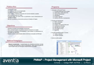 Público-Alvo                                                                            Programa
                                              • Gestores de Projeto                                                                 1. Introdução ao Microsoft Project
                                              • Elementos do PMO de uma organização                                                      1.1. Principais diferenças entre versões
                                              • Sponsors e Diretores de Projeto                                                          1.2. Visão Geral e vistas disponíveis
                                              • Team Leaders e Gestores Funcionais com recursos alocados a projetos                      1.3. Tipos de Planeamento
                                              • Membros das Equipas de Projeto                                                           1.4. Calendários
                                              • Qualquer pessoa que queira iniciar ou aprofundar os seus conhecimentos em                1.5. Função “organizer”
                                                Gestão de Projetos                                                                       1.6. Dicas de início de um planeamento
                                              • Não são necessários conhecimentos prévios em Gestão de Projetos
                                                                                                                                    2. Processo de Planeamento
                                                                                                                                         2.1. WBS e Atividades
                                                                                                                                         2.2. Sequenciação
                                                                                                                                         2.3. Criação e Alocação de Recursos
                                              Objectivos                                                                                 2.4. Imposição de restrições
                                                                                                                                         2.5. Definição da Duração
                                              • Identificar principais funcionalidades do MsProject                                      2.6. Otimização do Plano
                                              • Rever principais aspetos da gestão da vertente temporal de um projeto                    2.7. Baselines
                                              • Demonstrar as principais funcionalidades e boas práticas no planeamento de
                                                um projeto com MsProject                                                            3. Processo de Monitorização e Controlo
                                              • Garantir a correta implementação prática de técnicas avançadas de MsProject              3.1. Vistas e variáveis
                                                                                                                                         3.2. Controlo Avançado

                                                                                                                                    4. Exercício prático global

                                              Material Pedagógico
©2012 Aventia. Todos os direitos reservados




                                              •   Material Complementar - A apresentação dos conteúdos que servem de base
                                                  à formação será distribuída a todos os participantes. Serão ainda fornecidas em
                                                  suporte digital fontes de informação complementares à formação.




                                                                                                                                           12 horas | Código PMI®: AVTP20 | 12 PDU’s
                                                                                                                                                                                       25
 
