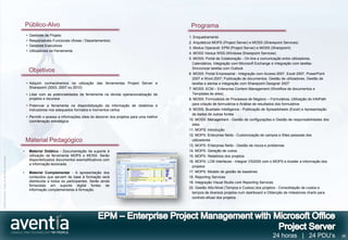 Público-Alvo                                                                        Programa
                                                  •   Gestores de Projeto                                                            1. Enquadramento
                                                  •   Responsáveis Funcionais (Áreas / Departamentos)
                                                                                                                                     2. Arquitetura MOPS (Project Server) e MOSS (Sharepoint Services)
                                                  •   Gestores Executivos
                                                                                                                                     3. Modus Operandi: EPM (Project Server) e MOSS (Sharepoint)
                                                  •   Utilizadores da Ferramenta
                                                                                                                                     4. MOSS Versus WSS (Windows Sharepoint Services)
                                                                                                                                     5. MOSS: Portal de Colaboração - On-line e comunicação entre utilizadores,
                                                                                                                                       Calendários, Integração com Microsoft Exchange e Integração com tarefas:
                                                                                                                                       Sincronizar tarefas com Outlook
                                                      Objetivos                                                                      6. MOSS: Portal Empresarial - Integração com Access 2007, Excel 2007, PowerPoint
                                                                                                                                       2007 e Word 2007; Publicação de documentos, Gestão de utilizadores, Gestão de
                                                  • Adquirir conhecimentos na utilização das ferramentas Project Server e              tarefas e alertas e Integração com Sharepoint Designer 2007
                                                    Sharepoint (2003, 2007 ou 2010)                                                  7. MOSS: ECM – Enterprise Content Management (Workflow de documentos e
                                                  • Lidar com as potencialidades da ferramenta na devida operacionalização de          Templates de sites)
                                                    projetos e recursos                                                              8. MOSS: Formulários de Processos de Negócio – Formulários, Utilização do InfoPath
                                                  • Potenciar a ferramenta na disponibilização da informação de relatórios e           para criação de formulários e Análise de resultados dos formulários
                                                    indicadores nos adequados formatos e momentos certos                             9. MOSS: Business Intelligence - Publicação de Spreadsheets (Excel) e Apresentação
                                                                                                                                       de dados de outras fontes
                                                  • Permitir o acesso a informações úteis do decorrer dos projetos para uma melhor
                                                    coordenação estratégica                                                          10. MOSS: Management - Gestão de configurações e Gestão de responsabilidades dos
                                                                                                                                       sites
                                                                                                                                     11. MOPS: Introdução
                                                                                                                                     12. MOPS: Enterprise fields - Customização de campos e Sites pessoais dos
                                                  Material Pedagógico                                                                  utilizadores
                                                                                                                                     13. MOPS: Enterprise fields - Gestão de riscos e problemas
                                              •       Material Didático - Documentação de suporte à                                  14. MOPS: Geração de cubos
                                                      utilização da ferramenta MOPS e MOSS. Serão                                    15. MOPS: Relatórios dos projetos
©2012 Aventia. Todos os direitos reservados




                                                      disponibilizados documentos exemplificativos com                               16. MOPS: LOB Interfaces - Integrar VS2005 com o MOPS e Aceder a informação dos
                                                      a informação lecionada.
                                                                                                                                       projetos
                                              •       Material Complementar - A apresentação dos                                     17. MOPS: Modelo de gestão de baselines
                                                      conteúdos que servem de base à formação será                                   18. Reporting Services
                                                      distribuída a todos os participantes. Serão ainda                              19. Integração Visual Studio com Reporting Services
                                                      fornecidas em suporte digital fontes de
                                                                                                                                     20. Gestão Alto-Nível (Tempos e Custos) dos projetos - Consolidação de custos e
                                                      informação complementares à formação.
                                                                                                                                       tempos de diversos projetos num dashboard e Obtenção de milestones charts para
                                                                                                                                       controlo eficaz dos projetos




                                                                                                                                                                                      24 horas | 24 PDU’s                 26
 