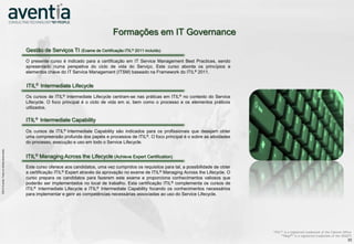 Formações em IT Governance
                                                                  Gestão de Serviços TI (Exame de Certificação ITIL® 2011 incluído)
                                                                  O presente curso é indicado para a certificação em IT Service Management Best Practices, sendo
                                                                  apresentado numa perspetiva do ciclo de vida do Serviço. Este curso aborda os princípios e
                                                                  elementos chave do IT Service Management (ITSM) baseado na Framework do ITIL® 2011.


                                                                  ITIL® Intermediate Lifecycle
                                                                  Os cursos de ITIL® Intermediate Lifecycle centram-se nas práticas em ITIL® no contexto do Service
                                                                  Lifecycle. O foco principal é o ciclo de vida em si, bem como o processo e os elementos práticos
                                                                  utilizados.

                                                                  ITIL® Intermediate Capability

                                                                  Os cursos de ITIL® Intermediate Capability são indicados para os profissionais que desejam obter
                                                                  uma compreensão profunda dos papéis e processos de ITIL®. O foco principal é o sobre as atividades
                                                                  do processo, execução e uso em todo o Service Lifecycle.
©2012 Aventia. Todos os direitos reservados




                                                                  ITIL® Managing Across the Lifecycle (Achieve Expert Certification)
                    ©2012 Aventia. Todos os direitos reservados




                                                                  Este curso oferece aos candidatos, uma vez cumpridos os requisitos para tal, a possibilidade de obter
                                                                  a certificação ITIL® Expert através da aprovação no exame de ITIL® Managing Across the Lifecycle. O
                                                                  curso prepara os candidatos para fazerem este exame e proporciona conhecimentos valiosos que
                                                                  poderão ser implementados no local de trabalho. Esta certificação ITIL® complementa os cursos de
                                                                  ITIL® Intermediate Lifecycle e ITIL® Intermediate Capability focando os conhecimentos necessários
                                                                  para implementar e gerir as competências necessárias associadas ao uso do Service Lifecycle.




                                                                                                                                                                          “ITIL®” is a registered trademark of the Cabinet Office
                                                                                                                                                                                “TMap®“ is a registered trademark of the SOGETI
                                                                                                                                                                                                                              33
 