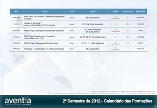 Refª                              Curso                                   Local                            Datas                              Horas          PDU’s/CDU’s          Preço s/IVA


                                                         PPM Talks - IX Encontro - Gestão de Projectos de                                                                                       2
                                              PPMT1206                                                                    Lisboa                    27 de Novembro                         Pós-Laboral
                                                                                                                                                                                                                    2/-            GRATUITO
                                                         Inovação

                                                         Gestão de Serviços TI                                                                                                                                                     1.000,00 €
                                              ITIL1202                                                                    Lisboa              27, 28 e 29 de Novembro                            21                21/-
                                                         (exame de Certificação ITIL® 2011incluído)

                                                                                                                                                 28, 30 de Novembro                            13
                                                                                                                                                                                                                                    750,00 €
                                              PMSE1201   PMSE-Project Management Simulation Extended                      Lisboa
                                                                                                                                                                                           Pós-Laboral
                                                                                                                                                                                                                   13/-
                                                                                                                                                   01 de Dezembro

                                                         PMF-Project Management Framework                                                                                                                                          1.200,00 €
                                              PMFS1207                                                                    Lisboa          06, 07, 12, 13, 14 de Dezembro                         31                31/-
                                                         (inclui módulo prático PMS)

                                                                                                                                                                                               12
                                              PMEV1202   PMEV-Project Management Earned Value                             Lisboa             10, 12, 17, 19 de Dezembro                                            12/-             600,00 €
                                                                                                                                                                                           Pós-Laboral

                                                                                                                                                                                                2
                                              WPM1205    Workshop - Certificações em Gestão de Projetos                   Lisboa                    18 de Dezembro                         Pós-Laboral
                                                                                                                                                                                                                     -             GRATUITO
©2012 Aventia. Todos os direitos reservados




                                                                                                                                                            “PMP®” is a trademark, service mark or certification mark of the Project Management Institute, Inc.,
                                                                                       “CBAP®” is a trademark, service mark or certification mark owned by International Institute of Business Analysis | “ITIL®” is a registered trademark of the Cabinet Office




                                                                                                                                                                                                                                                              56
 