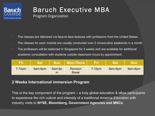 The classes are delivered via face-to-face lectures with professors from the United States. The classes for each module are usually conducted over 2 consecutive weekends in a month The professors will be stationed in Singapore for 2 weeks and are available for additional academic consultation with students outside classroom hours by appointment. 2 Weeks International immersion Program  This is the key component of the program – a truly global education & allow participants  to experience the rich culture and intensity of a traditional America Education with  industry visits to  NYSE, Bloomberg, Government Agencies and MNCs  Baruch Executive MBA   Program Organization Fri Sat Sun Mon-Thurs Fri Sat Sun 7-10pm 9am-6pm 9am-6pm Revision Break 7-10pm 9am-6pm 9am-6pm 