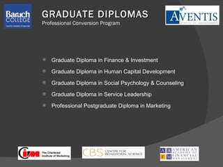 Graduate Diploma in Finance & Investment Graduate Diploma in Human Capital Development Graduate Diploma in Social Psychology & Counseling Graduate Diploma in Service Leadership Professional Postgraduate Diploma in Marketing GRADUATE DIPLOMAS Professional Conversion Program 