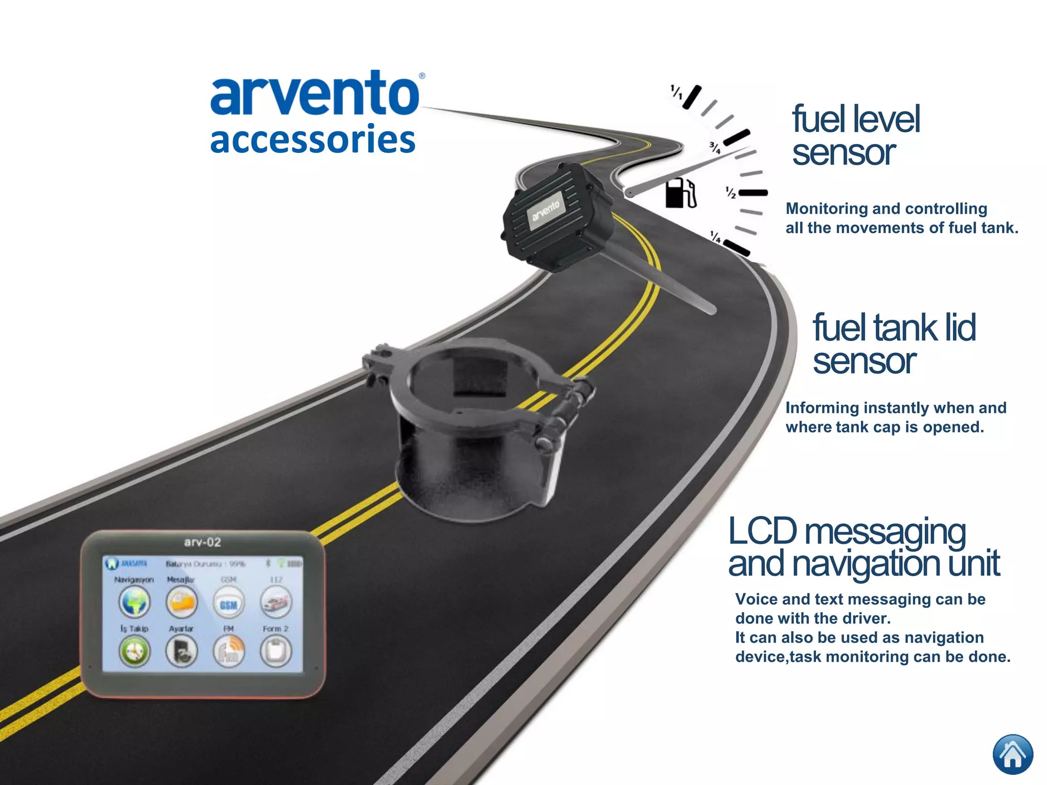 accessories
Informing instantly when and
where tank cap is opened.
fueltanklid
sensor
Voice and text messaging can be
done with the driver.
It can also be used as navigation
device,task monitoring can be done.
LCDmessaging
andnavigationunit
Monitoring and controlling
all the movements of fuel tank.
fuellevel
sensor
 
