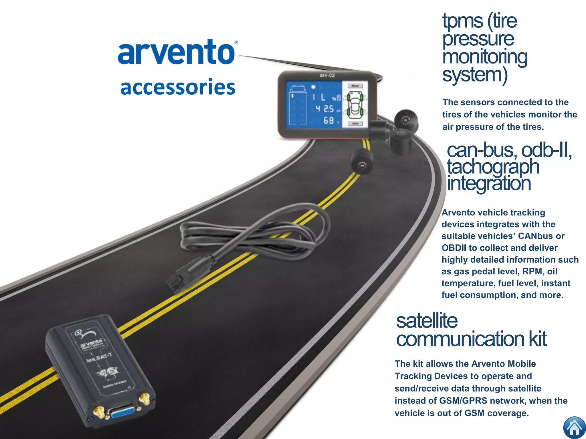 accessories The sensors connected to the
tires of the vehicles monitor the
air pressure of the tires.
tpms(tire
pressure
monitoring
system)
The kit allows the Arvento Mobile
Tracking Devices to operate and
send/receive data through satellite
instead of GSM/GPRS network, when the
vehicle is out of GSM coverage.
satellite
communicationkit
Arvento vehicle tracking
devices integrates with the
suitable vehicles’ CANbus or
OBDII to collect and deliver
highly detailed information such
as gas pedal level, RPM, oil
temperature, fuel level, instant
fuel consumption, and more.
can-bus,odb-II,
tachograph
integration
 