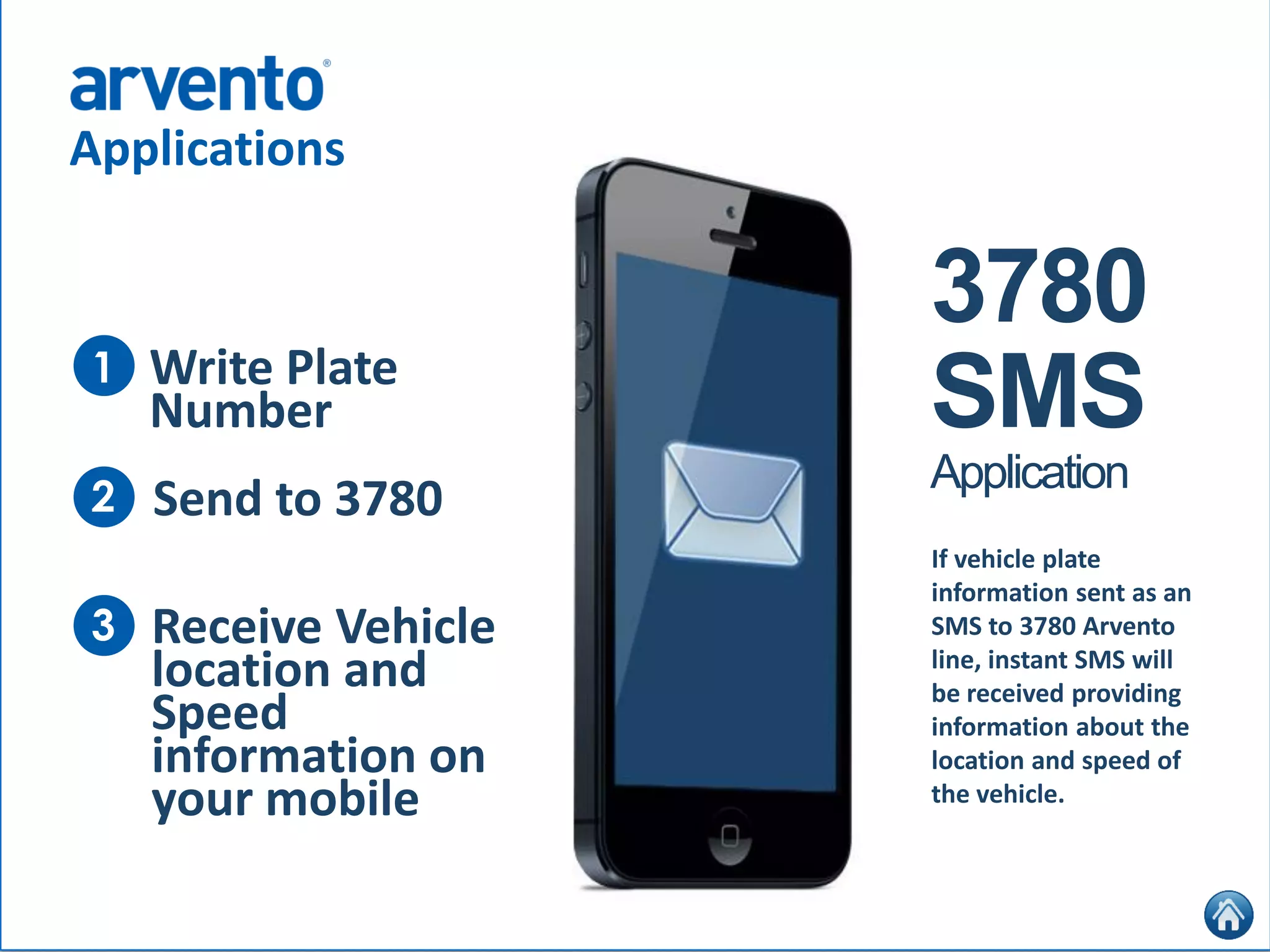 Applications
3780
SMS
Application
If vehicle plate
information sent as an
SMS to 3780 Arvento
line, instant SMS will
be received providing
information about the
location and speed of
the vehicle.
Write Plate
Number
1
2 Send to 3780
3 Receive Vehicle
location and
Speed
information on
your mobile
 