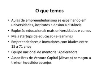 O	
  que	
  temos	
  
•  Aulas	
  de	
  empreendedorismo	
  se	
  espalhando	
  em	
  
   universidades,	
  insKtutos	
  e	
  ensino	
  a	
  distância	
  
•  Explosão	
  educacional:	
  mais	
  universidades	
  e	
  cursos	
  
•  Mais	
  startups	
  de	
  educação	
  (e-­‐learning)	
  
•  Empreendedores	
  e	
  inovadores	
  com	
  idades	
  entre	
  
   15	
  a	
  71	
  anos	
  
•  Equipe	
  nacional	
  de	
  mentoria:	
  Aceleradora	
  
•  Assoc	
  Bras	
  de	
  Venture	
  Capital	
  (Abvcap)	
  começou	
  a	
  
   treinar	
  invesKdores-­‐anjos	
  
 
