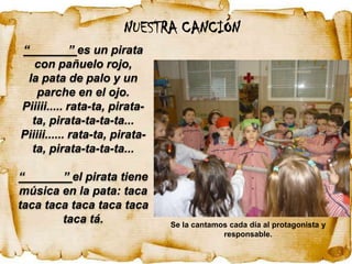 NUESTRA CANCIÓN
 “           ” es un pirata
   con pañuelo rojo,
 la pata de palo y un
    parche en el ojo.
Piiiii..... rata-ta, pirata-
  ta, pirata-ta-ta-ta...                              FOTO
Piiiii...... rata-ta, pirata-
  ta, pirata-ta-ta-ta...

“       ” el pirata tiene
música en la pata: taca
taca taca taca taca taca
        taca tá.                Se la cantamos cada día al protagonista y
                                             responsable.
 
