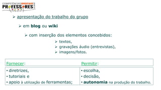  apresentação do trabalho do grupo
 em blog ou wiki
 com inserção dos elementos concebidos:
 textos,
 gravações áudio (entrevistas),
 imagens/fotos.
• diretrizes,
• tutoriais e
• apoio à utilização de ferramentas;
• escolha,
• decisão,
• autonomia na produção do trabalho.
Fornecer: Permitir:
 