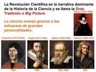 La Revolución Científica es la narrativa dominante
de la Historia de la Ciencia y se llama la Gran
Tradición o Big Picture.
Copérnico(1473-1543) Newton(1642-1727)Kepler (1571-1630) Galileo(1564-1642)
1543 1609 1632, 1638 1687
La ciencia avanza gracias a los
esfuerzos de grandes
personalidades.
Bacon (1561-1626)
 