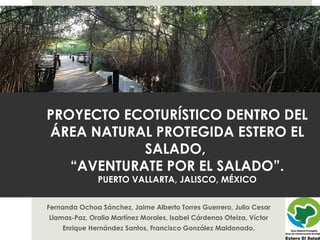 PROYECTO ECOTURÍSTICO DENTRO DEL 
ÁREA NATURAL PROTEGIDA ESTERO EL 
SALADO, 
“AVENTURATE POR EL SALADO”. 
PUERTO VALLARTA, JALISCO, MÉXICO 
Fernanda Ochoa Sánchez, Jaime Alberto Torres Guerrero, Julio Cesar 
Llamas-Paz, Oralia Martínez Morales, Isabel Cárdenas Oteiza, Víctor 
Enrique Hernández Santos, Francisco González Maldonado. 
 