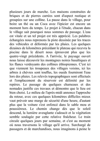 plusieurs jours de marche. Les maisons construites de
briques et de pierres carrées sont d'aspect rustique et
groupées sur une colline. La pause dans le village, pour
boire un thé ou un Coca avec l'épicier est encore un
moment hors du temps. Le projet à l'étude, chacun dans
le village sait pourquoi nous sommes de passage. L'eau
est vitale et un tel projet est très apprécié. Les palabres
échangées nous reprenons la piste dessinée par les traces
des véhicules et déformée par les pluies. Les quelques
dizaines de kilomètres précédant le plateau qui recevra la
piscine dans le désert nous éprouvent plus que les
quatre-vingt précédents. A l'arrivée, le paysage ouvert
nous laisse découvrir les montagnes noires basaltiques et
les flancs verdoyants des collines éthiopiennes. C'est ici
que viennent les troupeaux des villages voisins, ici les
arbres à chèvres sont touffus, les oueds fourniront l'eau
lors des pluies. Les relevés topographiques sont effectués
et l'emplacement du réservoir est délimité par les
repères. Le passage de quelques chameaux et des
nomades justifie ces travaux et démontre que le lieu est
bien choisi. Le milieu de l'après-midi annonce l'approche
du retour, avec ces quelques kilomètres difficiles mieux
vaut prévoir une marge de sécurité d'une heure, d'autant
plus que la voiture s'est enfoncé dans le sable mou et
poussiéreux. Le chemin change dès que le soleil
descend, la lumière aveuglante s'adoucit et la végétation
semble soulagée par cette relative fraîcheur. Le train
circule quelques jours par semaine, et c'est au moment
où nous traversons le village qu'il arrive. Surchargé de
passagers et de marchandises, nous imaginons à peine le
 