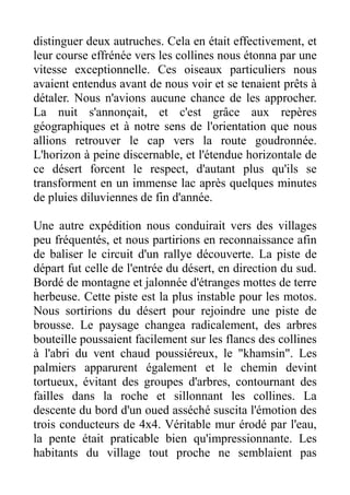 distinguer deux autruches. Cela en était effectivement, et
leur course effrénée vers les collines nous étonna par une
vitesse exceptionnelle. Ces oiseaux particuliers nous
avaient entendus avant de nous voir et se tenaient prêts à
détaler. Nous n'avions aucune chance de les approcher.
La nuit s'annonçait, et c'est grâce aux repères
géographiques et à notre sens de l'orientation que nous
allions retrouver le cap vers la route goudronnée.
L'horizon à peine discernable, et l'étendue horizontale de
ce désert forcent le respect, d'autant plus qu'ils se
transforment en un immense lac après quelques minutes
de pluies diluviennes de fin d'année.

Une autre expédition nous conduirait vers des villages
peu fréquentés, et nous partirions en reconnaissance afin
de baliser le circuit d'un rallye découverte. La piste de
départ fut celle de l'entrée du désert, en direction du sud.
Bordé de montagne et jalonnée d'étranges mottes de terre
herbeuse. Cette piste est la plus instable pour les motos.
Nous sortirions du désert pour rejoindre une piste de
brousse. Le paysage changea radicalement, des arbres
bouteille poussaient facilement sur les flancs des collines
à l'abri du vent chaud poussiéreux, le "khamsin". Les
palmiers apparurent également et le chemin devint
tortueux, évitant des groupes d'arbres, contournant des
failles dans la roche et sillonnant les collines. La
descente du bord d'un oued asséché suscita l'émotion des
trois conducteurs de 4x4. Véritable mur érodé par l'eau,
la pente était praticable bien qu'impressionnante. Les
habitants du village tout proche ne semblaient pas
 