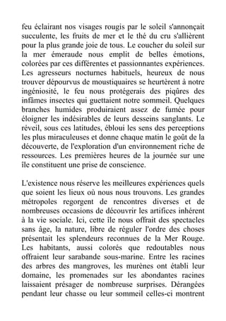 feu éclairant nos visages rougis par le soleil s'annonçait
succulente, les fruits de mer et le thé du cru s'allièrent
pour la plus grande joie de tous. Le coucher du soleil sur
la mer émeraude nous emplit de belles émotions,
colorées par ces différentes et passionnantes expériences.
Les agresseurs nocturnes habituels, heureux de nous
trouver dépourvus de moustiquaires se heurtèrent à notre
ingéniosité, le feu nous protégerais des piqûres des
infâmes insectes qui guettaient notre sommeil. Quelques
branches humides produiraient assez de fumée pour
éloigner les indésirables de leurs desseins sanglants. Le
réveil, sous ces latitudes, ébloui les sens des perceptions
les plus miraculeuses et donne chaque matin le goût de la
découverte, de l'exploration d'un environnement riche de
ressources. Les premières heures de la journée sur une
île constituent une prise de conscience.

L'existence nous réserve les meilleures expériences quels
que soient les lieux où nous nous trouvons. Les grandes
métropoles regorgent de rencontres diverses et de
nombreuses occasions de découvrir les artifices inhérent
à la vie sociale. Ici, cette île nous offrait des spectacles
sans âge, la nature, libre de réguler l'ordre des choses
présentait les splendeurs reconnues de la Mer Rouge.
Les habitants, aussi colorés que redoutables nous
offraient leur sarabande sous-marine. Entre les racines
des arbres des mangroves, les murènes ont établi leur
domaine, les promenades sur les abondantes racines
laissaient présager de nombreuse surprises. Dérangées
pendant leur chasse ou leur sommeil celles-ci montrent
 