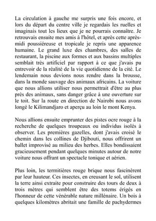 La circulation à gauche me surpris une fois encore, et
lors du départ du centre ville je regardais les ruelles et
imaginais tout les lieux que je ne pourrais connaître. Je
retrouvais ensuite mes amis à l'hôtel, et après cette après-
midi poussiéreuse et tropicale je repris une apparence
humaine. Le grand luxe des chambres, des salles de
restaurant, la piscine aux formes et aux bassins multiples
semblait très artificiel par rapport à ce que j'avais pu
entrevoir de la réalité de la vie quotidienne de la cité. Le
lendemain nous devions nous rendre dans la brousse,
dans la monde sauvage des animaux africains. La voiture
que nous allions utiliser nous permettrait d'être au plus
près des animaux, sans danger grâce à une ouverture sur
le toit. Sur la route en direction de Nairobi nous avons
longé le Kilimandjaro et aperçu au loin le mont Kenya.

Nous allions ensuite emprunter des pistes ocre rouge à la
recherche de quelques troupeaux ou individus isolés à
observer. Les premières gazelles, dont j'avais croisé le
chemin dans les collines de Djibouti, nous offrirent un
ballet improvisé au milieu des herbes. Elles bondissaient
gracieusement pendant quelques minutes autour de notre
voiture nous offrant un spectacle tonique et aérien.

Plus loin, les termitières rouge brique nous fascinèrent
par leur hauteur. Ces insectes, en creusant le sol, utilisent
la terre ainsi extraite pour construire des tours de deux à
trois mètres qui semblent être des totems érigés en
l'honneur de cette vénérable nature millénaire. Un bois à
quelques kilomètres abritait une famille de pachydermes
 