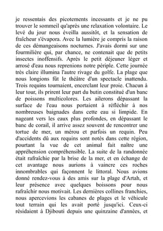 je ressentais des picotements incessants et je ne pu
trouver le sommeil qu'après une relaxation volontaire. Le
levé du jour nous éveilla aussitôt, et la sensation de
fraîcheur s'évapora. Avec la lumière je compris la raison
de ces démangeaisons nocturnes. J'avais dormi sur une
fourmilière qui, par chance, ne contenait que de petits
insectes inoffensifs. Après le petit déjeuner léger et
arrosé d'eau nous reprenions notre périple. Cette journée
très claire illumina l'autre rivage du golfe. La plage que
nous longions fût le théâtre d'un spectacle inattendu.
Trois requins tournaient, encerclant leur proie. Chacun à
leur tour, ils prirent leur part du butin constitué d'un banc
de poissons multicolores. Les ailerons dépassant la
surface de l'eau nous portaient à réfléchir à nos
nombreuses baignades dans cette eau si limpide. En
nageant vers les eaux plus profondes, en dépassant le
banc de corail, il arrive assez souvent de rencontrer une
tortue de mer, un mérou et parfois un requin. Peu
d'accidents dû aux requins sont notés dans cette région,
pourtant la vue de cet animal fait naître une
appréhension compréhensible. La suite de la randonnée
était rafraîchie par la brise de la mer, et en échange de
cet avantage nous aurions à vaincre ces roches
innombrables qui façonnent le littoral. Nous avions
donné rendez-vous à des amis sur la plage d'Artah, et
leur présence avec quelques boissons pour nous
rafraîchir nous motivait. Les dernières collines franchies,
nous apercevions les cabanes de plages et le véhicule
tout terrain qui les avait porté jusqu'ici. Ceux-ci
résidaient à Djibouti depuis une quinzaine d'années, et
 