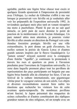 agréable, parfois une légère brise chasse tout excès et
quelques lézards ajouteront à l'impression de proximité
avec l'Afrique. Le rocher de Gibraltar s'offrit à ma vue
lorsque je poursuivait vers Séville où je souhaitais aller
voir les préparatifs de l'exposition universelle 1992. Je
reviendrais quelques mois plus tard en venant récupérer
ma moto à puertollano. Planté là par on ne sait quel
miracle, ce petit pain de sucre domine le point de
jonction de la méditerranée et de l'océan Atlantique. Un
parc naturel attira mon attention, je pourrais visiter
Séville et aller ensuite en direction du Portugal vers cette
étendue forestière protégée. Séville est une ville
extraordinaire, le port donne un goût d'aventure, les
ruelles sentent la poésie de Garcia Lorca et d'autres
grands auteurs inspirés par le fleuve Guadalquivir. Le
"jamon serano" m'ayant sustenté avec la compagnie
d'une fraîche "Aguilla", je continuais la promenade à
travers les rues et quartiers en proie à l'invasion
prochaine pour l'ouverture de l'exposition universelle. La
zone dans laquelle prennent place tout les pavillons de
représentation des pays participants est baignée par une
légère brise humide afin de climatiser les lieux. C'est un
festival de la culture internationale, une gigantesque
vitrine pour le voyageur curieux de son siècle. Les objets
et diverses reconstitutions sauront faire naître les
émotions que recherche les visiteurs lors de cette
aventure spatio-temporelle. De nombreux pavillons
m'ont fasciné, le Japon présentait des maquettes de
scènes culturelles et d'autres constituaient des répliques
grandeur nature de sites religieux, tel un temple avec un
 