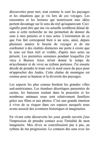 découvertes pour moi, tout comme le sont les paysages
et les situations que je vis lors de ces voyages. Les
rencontres et les lectures qui nourrissent mes idées
portent davantage sur le sens du réel qu'auparavant. Ceci
signifie peut-être que ma vie actuelle semblerai dénué de
sens si cette recherche ne me permettait de donner du
sens à mes pensées et à mes actes. L'orientation de ce
que l'on fait correspond bien à un sens, ainsi, depuis
plusieurs années le besoin de voyager et de me
confronter à des réalités distinctes me porte à croire que
le sens est bien réel et visible, d'après mes actes au
présent. Les premières semaines pendant lesquelles j'ai
vécu à Buenos Aires m'ont donné le temps de
m'acclimater et de vivre au rythme portenos. J'ai ensuite
décidé de prendre le train vers le nord ouest du pays pour
m'approcher des Andes. Cette chaîne de montagne est
connue pour sa hauteur et la diversité des paysages.

Les aspects les plus connus bordent les grandes villes
sud-américaines. Les étendues désertiques parsemées de
cactus, les buissons roulant dans la poussière et les
nombreux animaux nous sont relativement familiers
grâce aux films et aux photos. C'est une grande émotion
à vivre de se risquer dans ces espaces auxquels nous
avons associé des aventures historiques et imaginaires.

En vivant cette découverte les yeux grands ouverts j'eus
l'impression de prendre contact avec l'irréalité de mon
imaginaire. Mes rêves se concrétisaient pas à pas, au
rythme de ma progression. Le contacts des sens avec les
 