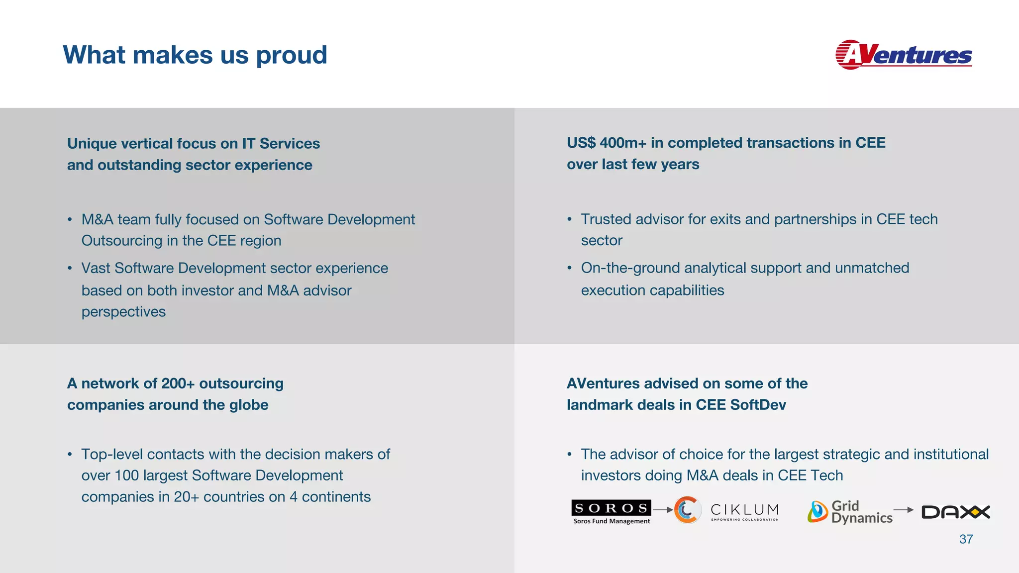 What makes us proud
A network of 200+ outsourcing
companies around the globe
Unique vertical focus on IT Services
and outstanding sector experience
US$ 400m+ in completed transactions in CEE
over last few years
AVentures advised on some of the
landmark deals in CEE SoftDev
• M&A team fully focused on Software Development
Outsourcing in the CEE region
• Vast Software Development sector experience
based on both investor and M&A advisor
perspectives
• Trusted advisor for exits and partnerships in CEE tech
sector
• On-the-ground analytical support and unmatched
execution capabilities
• Top-level contacts with the decision makers of
over 100 largest Software Development
companies in 20+ countries on 4 continents
• The advisor of choice for the largest strategic and institutional
investors doing M&A deals in CEE Tech
37
 