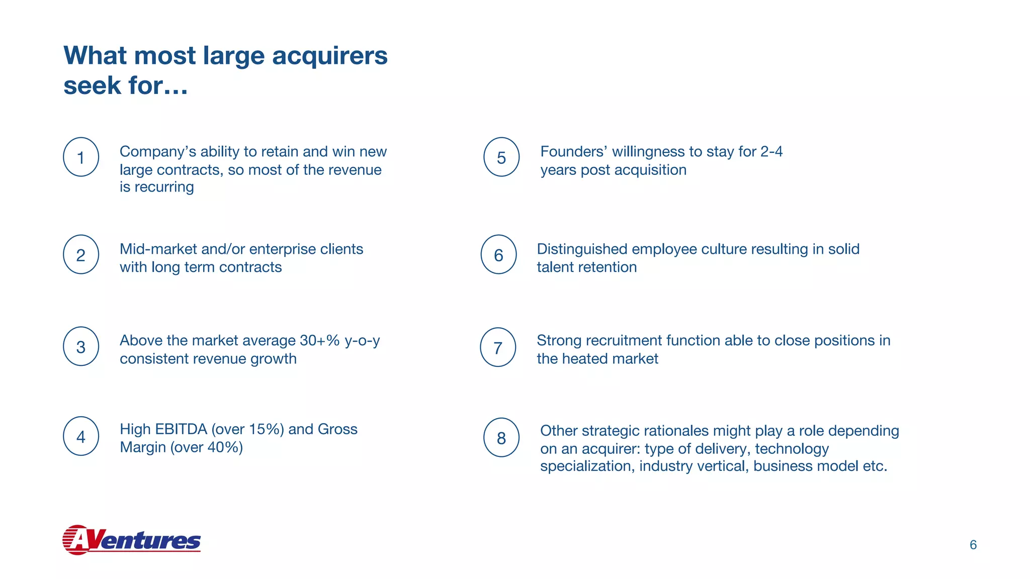 What most large acquirers
seek for…
6
1
Mid-market and/or enterprise clients
with long term contracts
Above the market average 30+% y-o-y
consistent revenue growth
Company’s ability to retain and win new
large contracts, so most of the revenue
is recurring
High EBITDA (over 15%) and Gross
Margin (over 40%)
Founders’ willingness to stay for 2-4
years post acquisition
Strong recruitment function able to close positions in
the heated market
2
3
4
5
7
6 Distinguished employee culture resulting in solid
talent retention
Other strategic rationales might play a role depending
on an acquirer: type of delivery, technology
specialization, industry vertical, business model etc.
8
 