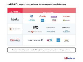 …to US & EU largest corporations, tech companies and startups
4
IT COMPANY
BASED IN UKRAINE SELECTED CLIENTS
Those international players who come for R&D in Ukraine, remain long term partners and happy customers
 