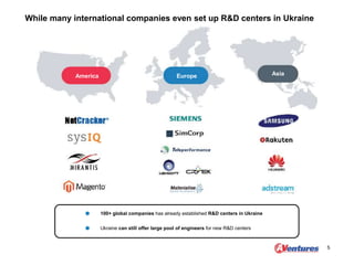 While many international companies even set up R&D centers in Ukraine
5
America Europe Asia
100+ global companies has already established R&D centers in Ukraine
Ukraine can still offer large pool of engineers for new R&D centers
 