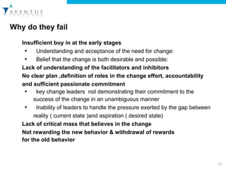 Why do they fail  Insufficient buy in at the early stages  Understanding and acceptance of the need for change: Belief that the change is both desirable and possible: Lack of understanding of the facilitators and inhibitors No clear plan ,definition of roles in the change effort, accountability and sufficient passionate commitment key change leaders  not demonstrating their commitment to the success of the change in an unambiguous manner Inability of leaders to handle the pressure exerted by the gap between reality ( current state )and aspiration ( desired state)  Lack of critical mass that believes in the change  Not rewarding the new behavior & withdrawal of rewards for the old behavior 