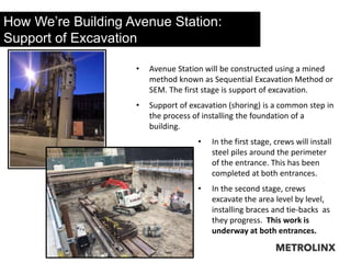 How We’re Building Avenue Station:
Support of Excavation
• Avenue Station will be constructed using a mined
method known as Sequential Excavation Method or
SEM. The first stage is support of excavation.
• Support of excavation (shoring) is a common step in
the process of installing the foundation of a
building.
• In the first stage, crews will install
steel piles around the perimeter
of the entrance. This has been
completed at both entrances.
• In the second stage, crews
excavate the area level by level,
installing braces and tie-backs as
they progress. This work is
underway at both entrances.
 