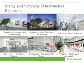 Clarity and Simplicity of Architectural
Expression
Street Level – Contextual
and Inviting
An International Signature
for Toronto
Entrance – Bright & Secure
Concourse – Simple &
Pristine
Concourse – Transparent &
Open
Platform – Spacious &
Animated
 