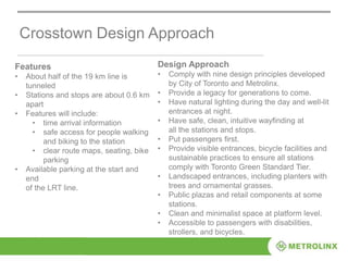 Crosstown Design Approach
Features
• About half of the 19 km line is
tunneled
• Stations and stops are about 0.6 km
apart
• Features will include:
• time arrival information
• safe access for people walking
and biking to the station
• clear route maps, seating, bike
parking
• Available parking at the start and
end
of the LRT line.
Design Approach
• Comply with nine design principles developed
by City of Toronto and Metrolinx.
• Provide a legacy for generations to come.
• Have natural lighting during the day and well-lit
entrances at night.
• Have safe, clean, intuitive wayfinding at
all the stations and stops.
• Put passengers first.
• Provide visible entrances, bicycle facilities and
sustainable practices to ensure all stations
comply with Toronto Green Standard Tier.
• Landscaped entrances, including planters with
trees and ornamental grasses.
• Public plazas and retail components at some
stations.
• Clean and minimalist space at platform level.
• Accessible to passengers with disabilities,
strollers, and bicycles.
 