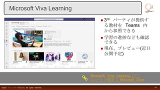  3rd パーティが提供す
る教材を Teams 内
から参照できる
 学習の進捗なども確認
できる
 現在、プレビュー(近日
公開予定)
©2021 オフィスアイ株式会社 All rights reserved. 19
Microsoft Viva Learning
Microsoft Viva Learning (プレ
ビュー) の概要 | Microsoft Docs
 