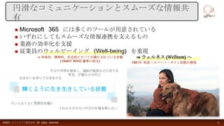  Microsoft 365 には多くのツールが用意されている
 いずれにしてもスムーズな情報連携を支えるもの
 業務の効率化を支援
 従業員のウェルビーイング (Well-being) を重視
©2021 オフィスアイ株式会社 All rights reserved. 6
円滑なコミュニケーションとスムーズな情報共
有
生きがいを持って仕事をする
互いによりよい関係性を築く
自分の時間を確保し、運動や勉強などに充てる
育児、介護などの両立
これからの世代への正の財産を残したい
1961年 米国 ハルバート・ダイン医師が提唱
輝くように生き生きしている状態
⇒ 肉体的、精神的、社会的にすべてが満たされている状態
(1946年 WHO 憲章の前文)
⇒ ウェルネス (Wellness) へ
 