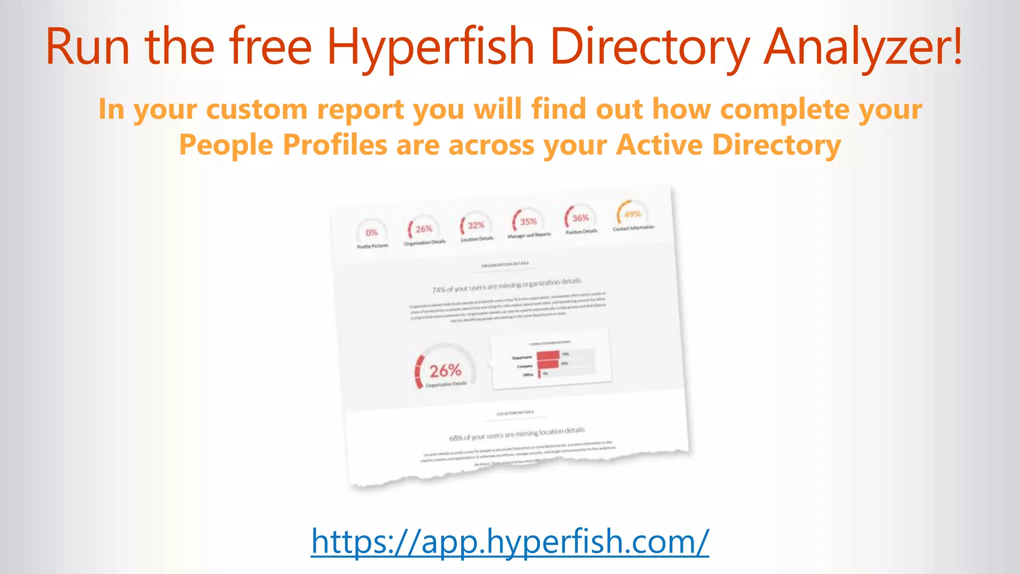Run the free Hyperfish Directory Analyzer!
https://app.hyperfish.com/
In your custom report you will find out how complete your
People Profiles are across your Active Directory
 