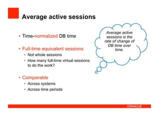 Average active sessions
•  Time-normalized DB time
•  Full-time equivalent sessions
•  Not whole sessions
•  How many full-time virtual sessions
to do the work?
•  Comparable
•  Across systems
•  Across time periods
Average active
sessions is the
rate of change of
DB time over
time.
 