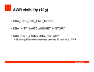 AWR visibility (10g)
•  DBA_HIST_SYS_TIME_MODEL
•  DBA_HIST_WAITCLASSMET_HISTORY
•  DBA_HIST_SYSMETRIC_HISTORY
•  Enabling EM metric baselines persists 15 metrics to AWR
 