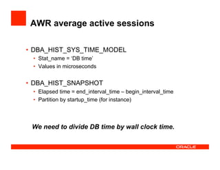 AWR average active sessions
•  DBA_HIST_SYS_TIME_MODEL
•  Stat_name = ‘DB time’
•  Values in microseconds
•  DBA_HIST_SNAPSHOT
•  Elapsed time = end_interval_time – begin_interval_time
•  Partition by startup_time (for instance)
We need to divide DB time by wall clock time.
 
