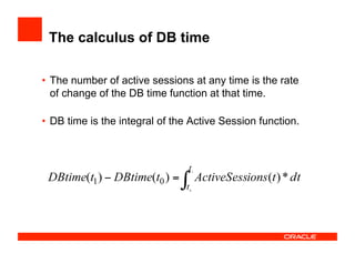 The calculus of DB time
•  The number of active sessions at any time is the rate
of change of the DB time function at that time.
•  DB time is the integral of the Active Session function.
 