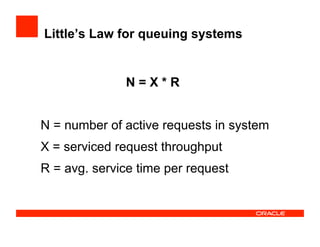 Little’s Law for queuing systems
N = X * R
N = number of active requests in system
X = serviced request throughput
R = avg. service time per request
 