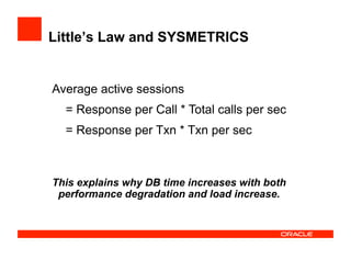 Little’s Law and SYSMETRICS
Average active sessions
= Response per Call * Total calls per sec
= Response per Txn * Txn per sec
This explains why DB time increases with both
performance degradation and load increase.
 