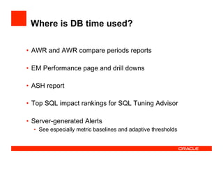 Where is DB time used?
•  AWR and AWR compare periods reports
•  EM Performance page and drill downs
•  ASH report
•  Top SQL impact rankings for SQL Tuning Advisor
•  Server-generated Alerts
•  See especially metric baselines and adaptive thresholds
 