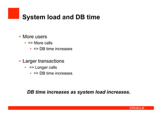 System load and DB time
•  More users
•  => More calls
•  => DB time increases
•  Larger transactions
•  => Longer calls
•  => DB time increases
DB time increases as system load increases.
 
