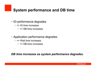 System performance and DB time
•  IO performance degrades
•  => IO time increases
•  => DB time increases
•  Application performance degrades
•  => Wait time increases
•  => DB time increases
DB time increases as system performance degrades.
 