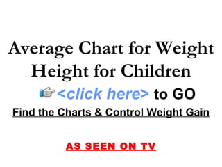 Average Chart for Weight
  Height for Children
        <click here> to GO
Find the Charts & Control Weight Gain


          AS SEEN ON TV
 